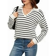 thumbnail image 1 of Womens Sweaters 2025 V Neck Long Sleeve Striped Tops Fall Winter Comfy Knit Clothes Pullover Sweater White & Black XL, 1 of 7