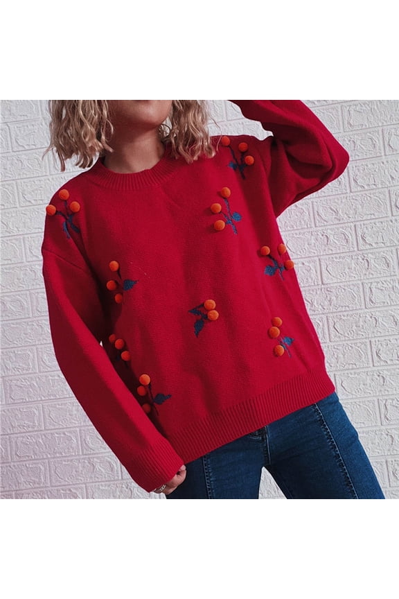 Womens Sweaters 2025 Womens Crew Neck Long Sleeve Bubble Cherry Jacquard Knit Pullover Sweater