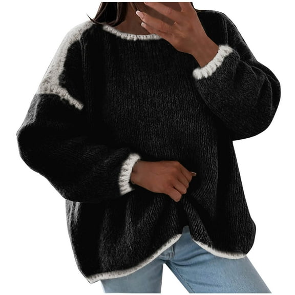 Womens Sweaters 2026 Fall Oversized Long Sleeve Chunky Knit Crew Neck Contrast Stitching Pullover Winter Clothes