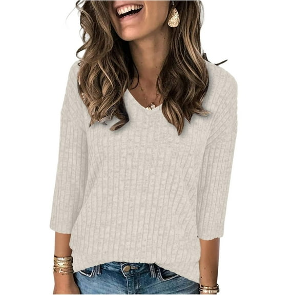 Womens Sweaters 3/4 Length Sleeve Casual Tunic Tops V Neck Shirts Fall Fashion Clothes 2025