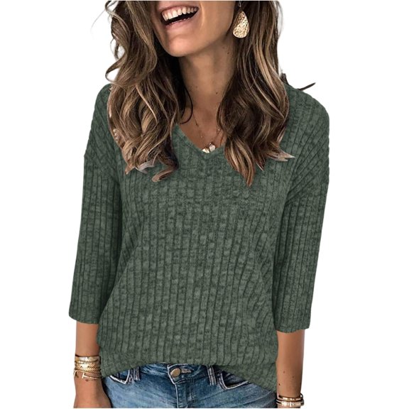 Womens Sweaters 3/4 Sleeve V Neck Shirts Loose Casual Basic Tunic Blouses Fashion Tops