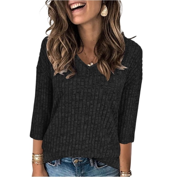 Womens Sweaters 3/4 Sleeve V Neck Shirts Loose Casual Basic Tunic Blouses Fashion Tops