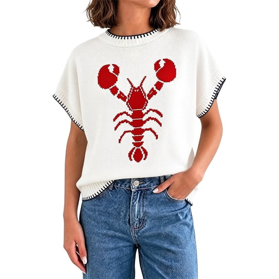 Womens Sweaters Animal Lobster Print Crew Neck Short Sleeve Breathable Knit Tops Summer Blouse Daily Wear