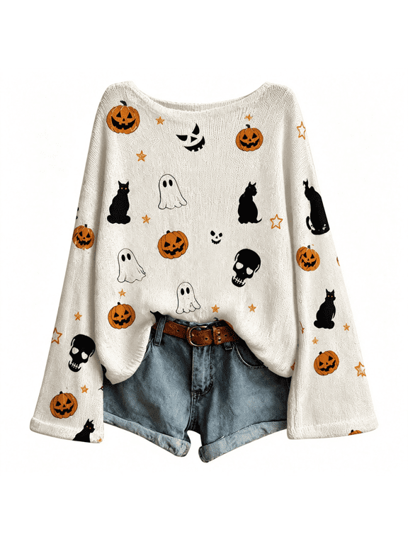 Womens Sweaters BWASD Spooky Season Halloween Cute Pumpki Ghost Knit Pullover Top Cozy Oversized Off Shoulder Long Sleeve Sweater Fall Winter Outdoor Outfit Trendy |White,M
