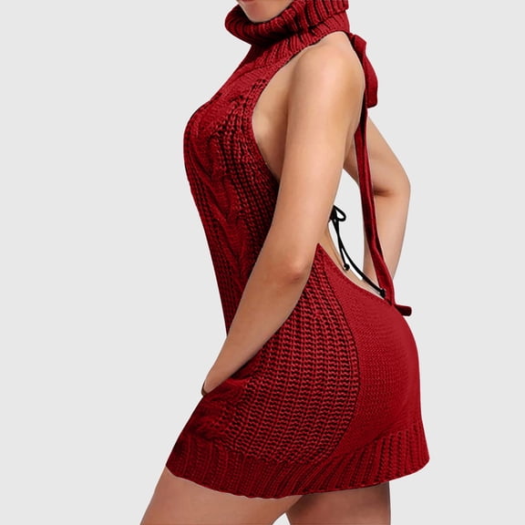 Womens Sweaters Backless Mini Dress - Valentine's Day Open Back Tie Turtleneck Sleeveless Pullover Knit Dresses Red S