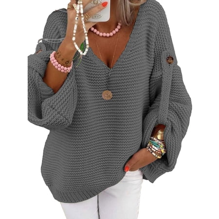 Womens Sweaters Cable Knitted Pullover Solid Color Sweaters for Womens V Neck Long Sleeves Sweater Fall Winter Tops for Womens Cogild