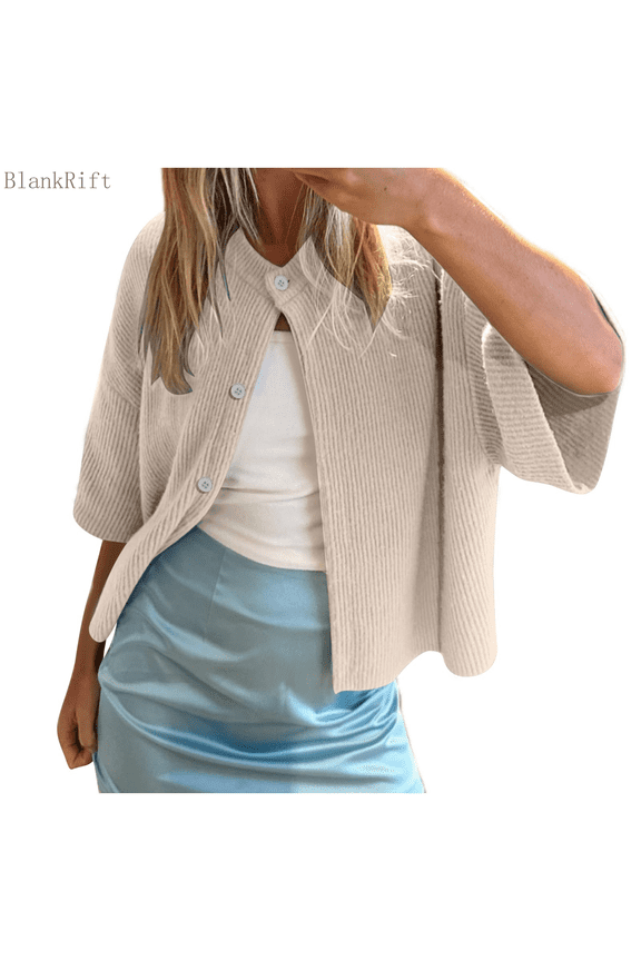 Womens Sweaters Cardigan Button Up Half Sleeve Casual Soft Knit Cardigan Sweaters Solid Color Loose Fit Comfy Womens Fall Sweaters Beige XL