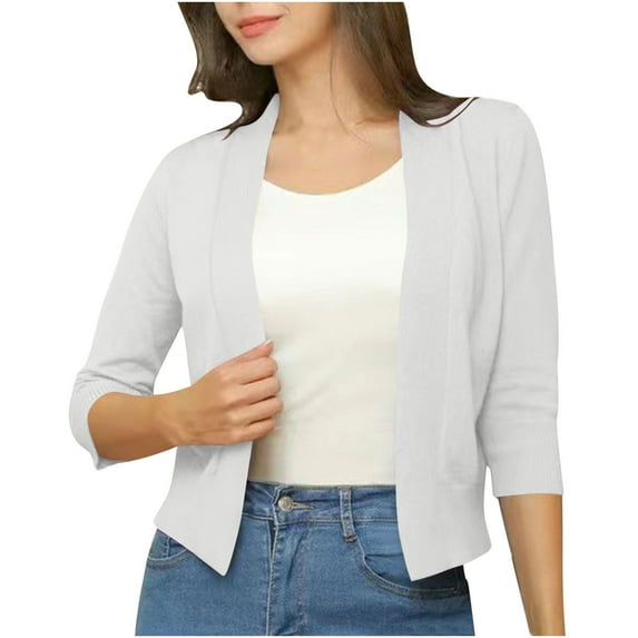 Womens Sweaters Cardigan Fall New Women's 3/4 Sleeve Short Shrugs Solid Color Lightweight Thin Open Front Cropped Sweater Cardigan White XXL