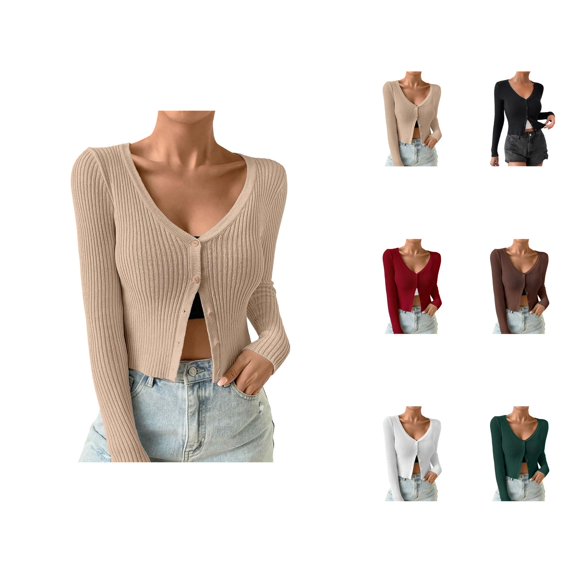 Womens Sweaters, Cardigan Sweaters for Women, Ribbed Knit Button Down V Neck, Lightweight Cropped Coat for Layering and Comfort