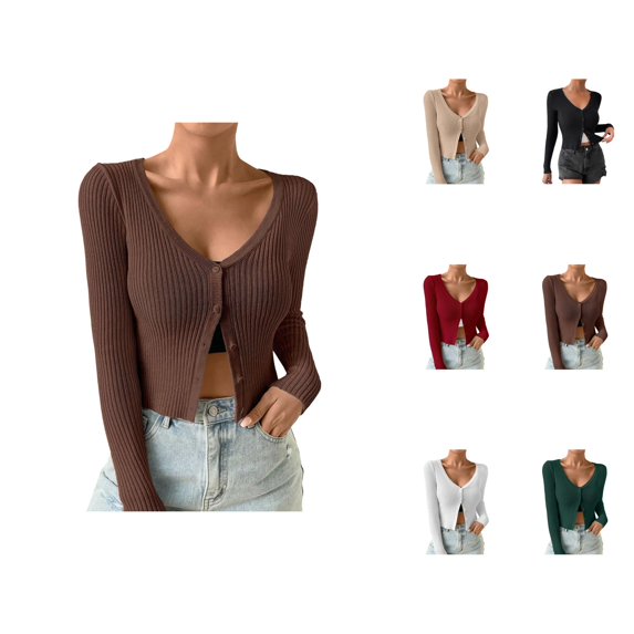 Womens Sweaters, Cardigan Sweaters for Women, Ribbed Knit Button Down V Neck, Lightweight Cropped Coat for Layering and Comfort