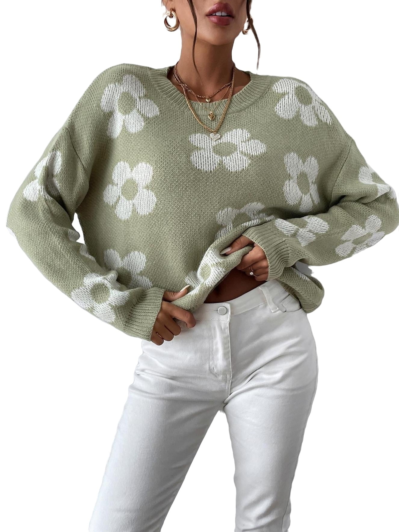 Women's Floral Print Knit Cardigan, Long Sleeve, V Neck
