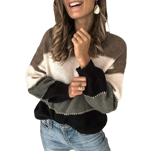 Womens Sweaters Casual Long Sleeve Crewneck Color Block Patchwork Pullover Knit Sweater Tops Black S