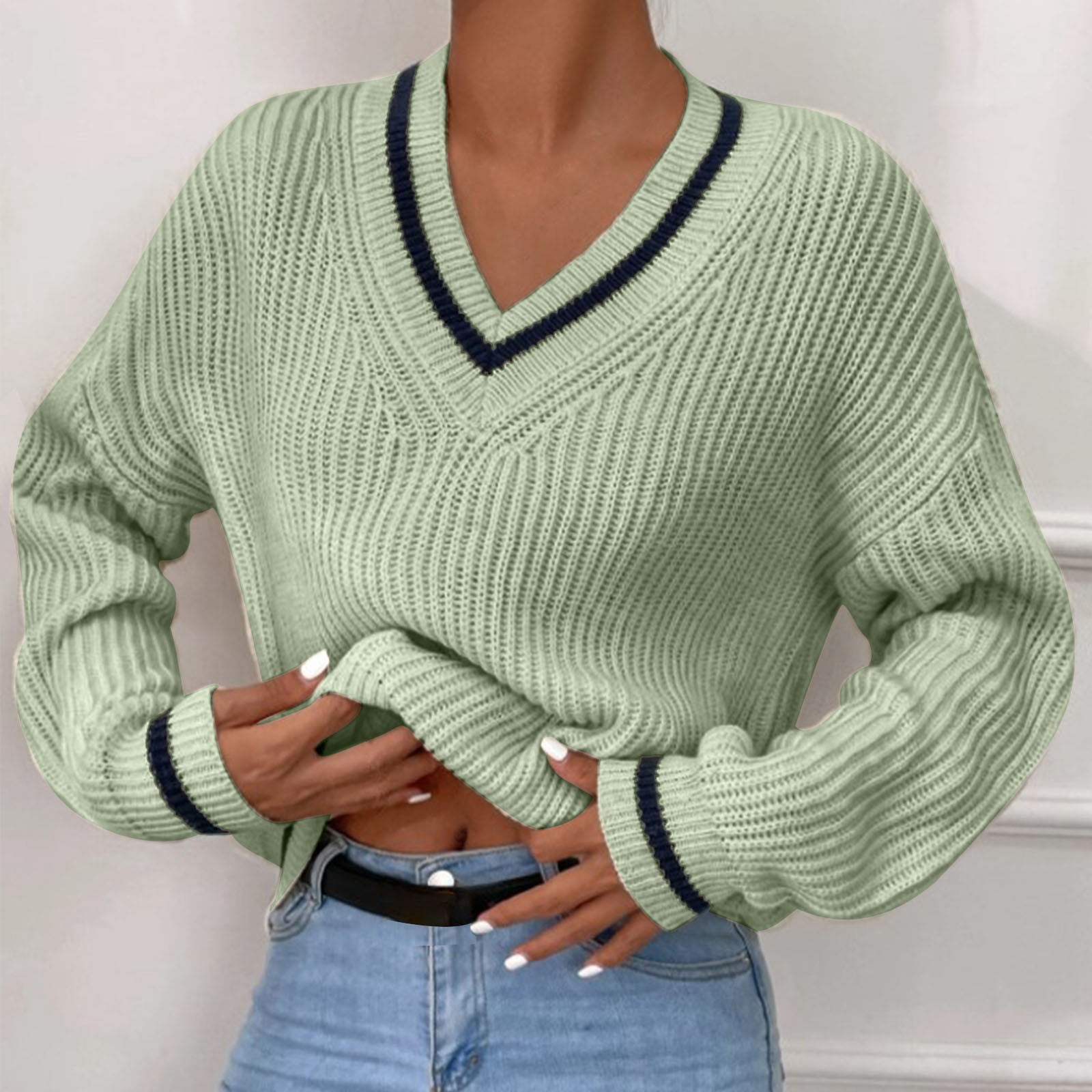 PRETTYGARDEN Women's Striped V-Neck Sweater - Long Sleeve Knitted Pullover Fall Tops