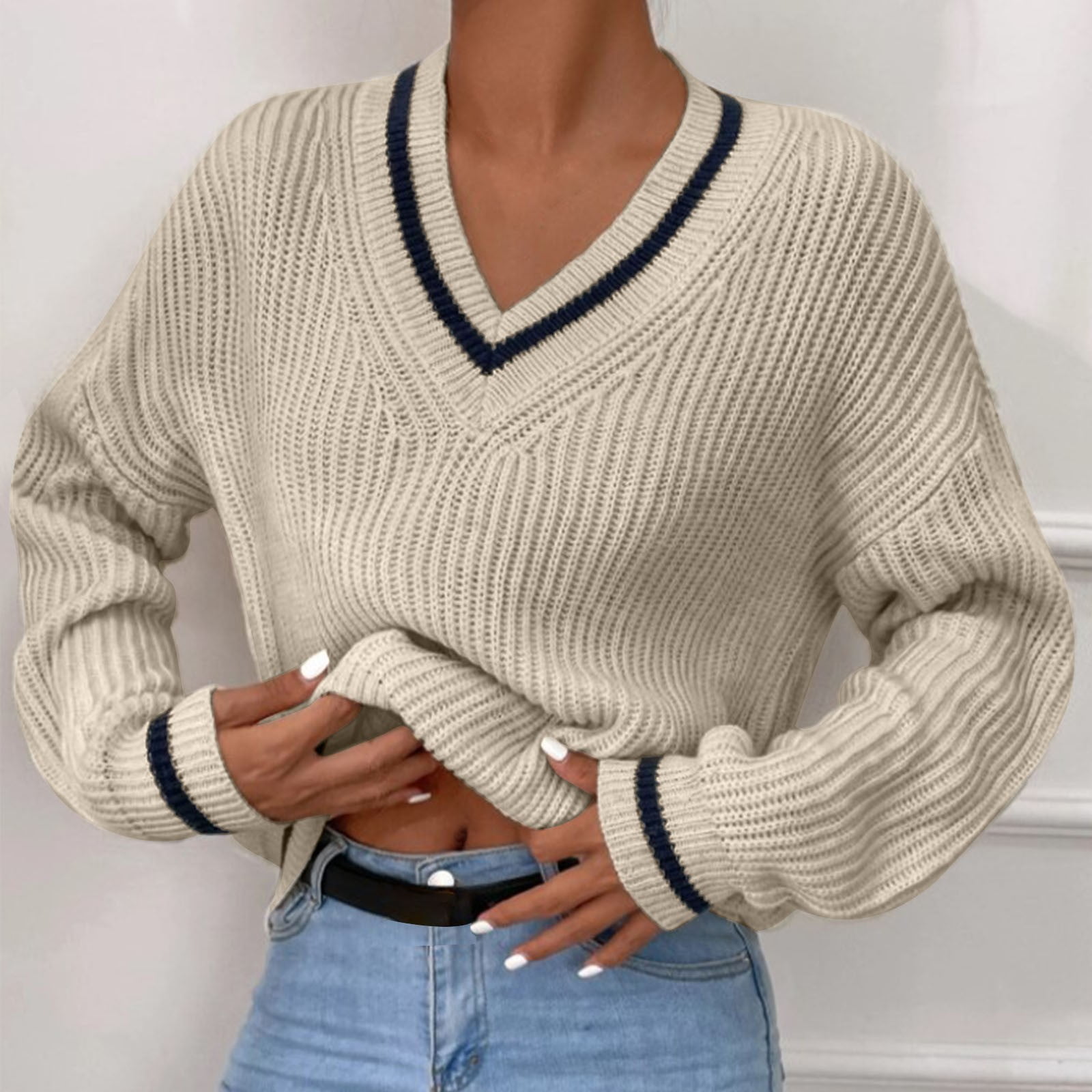New Knitted Striped Long Sleeved Sweater Versatile Pullover Tops Womens Clothing
