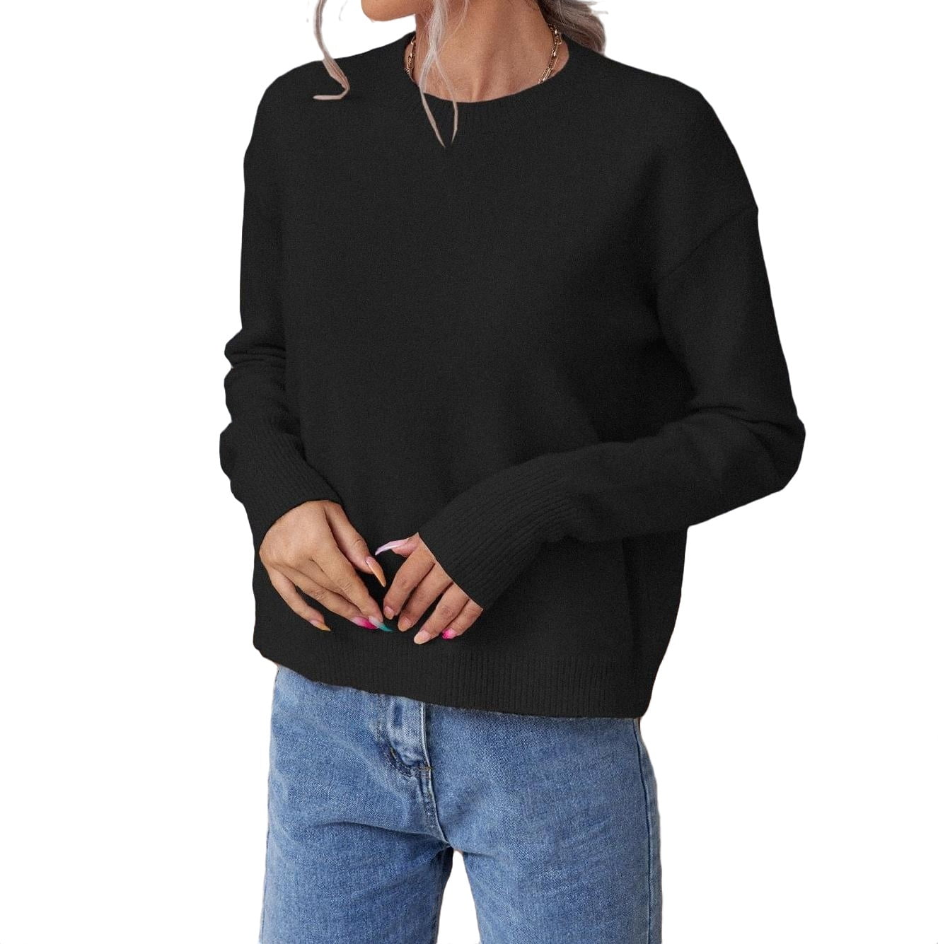 Womens Sweaters Casual Plain Round Neck Pullovers Black S