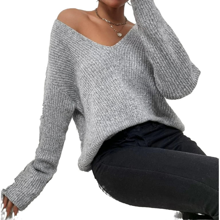 Womens Sweaters Casual Plain V neck Pullovers Light Grey M Walmart