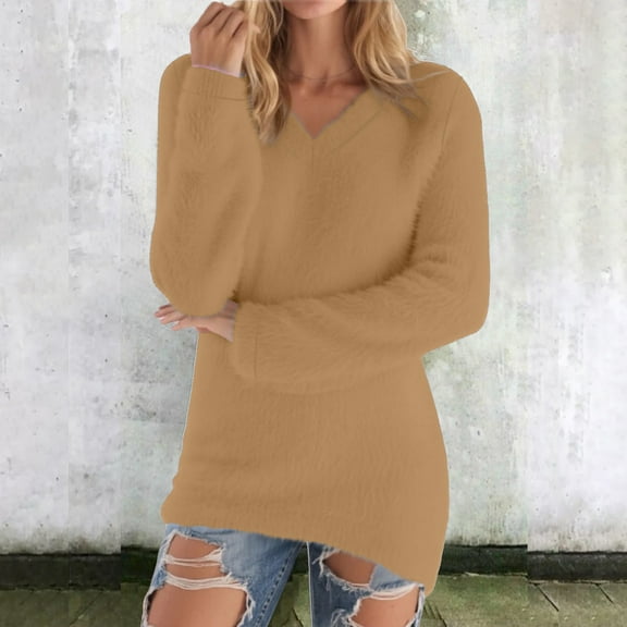 Womens Sweaters Casual V Neck Fleece Pullover Long Sleeve Thermal Soft Fuzzy Fashion Sweater Winter Clothes (XXS, Khaki)