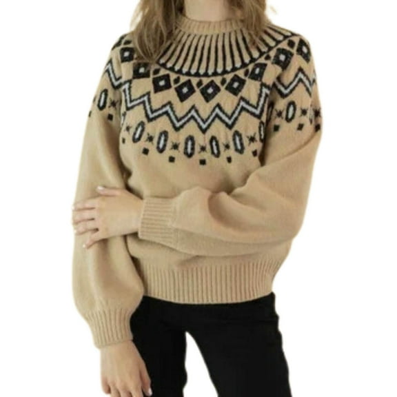 Womens Sweaters Classic Fair Isle Pattern Knit Sweaters Trendy Loose Crewneck Long Sleeve Lightweight Tops Fall Sweaters Khaki S