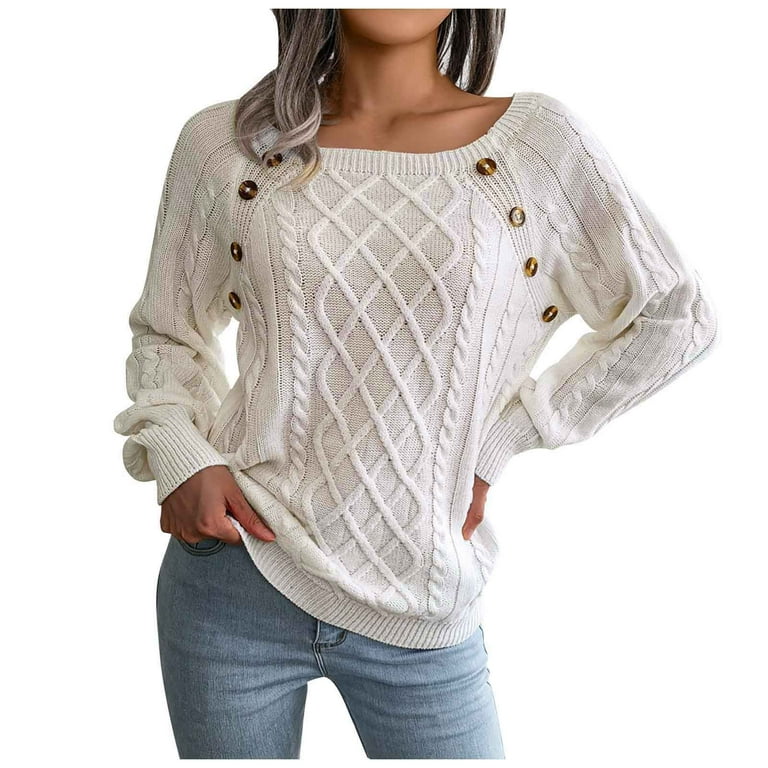 Womens Sweaters Clearance Sale Sweater for Women Casual Solid Long Sleeve Loose Round Neck Knit Sweater Pullover Button Fall Winter Blouse Tops White M Walmart