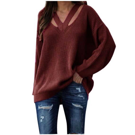 Womens Sweaters Sale,Sweater for Women Casual Solid Long Sleeve Loose V Neck Knit Sweater Pullover Fall Winter Blouse Tops Coffee 3XL