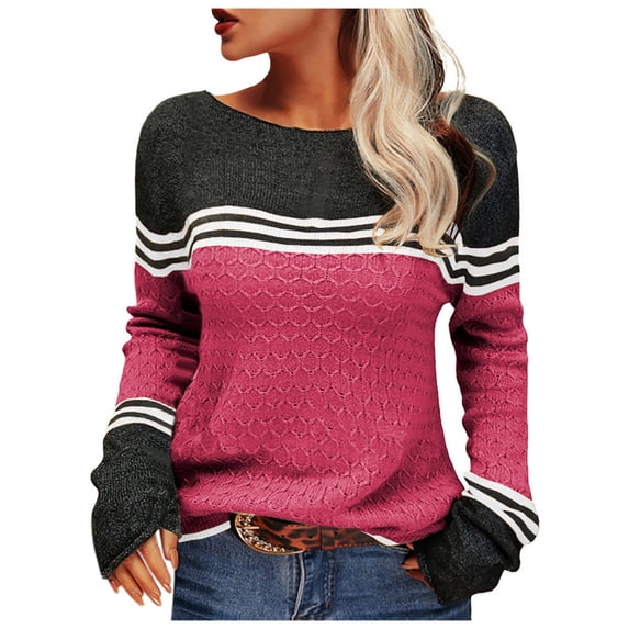Womens Sweaters Color Block Stripe Crew Neck Casual Long Sleeve Tops Fall Winter Pullover Blouse Daily Wear