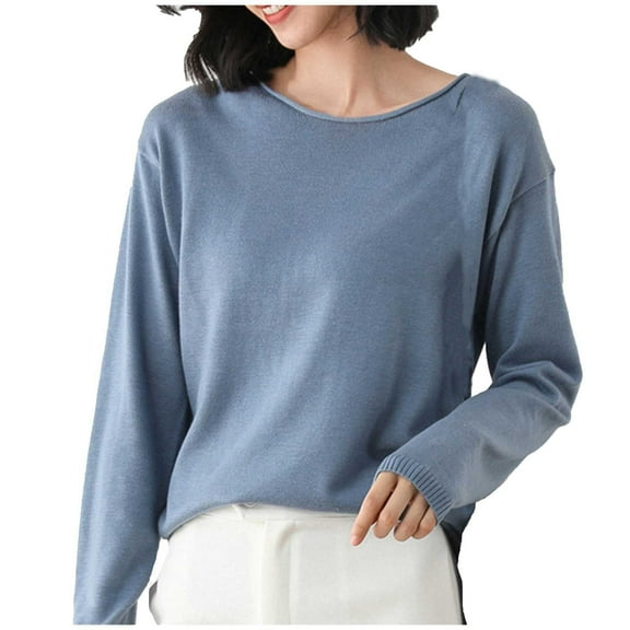 Womens Sweaters Cozy Knit Sweaters Loose Fit Round Neck Pullover Versatile Solid Layering Shirt Sweater Blue M