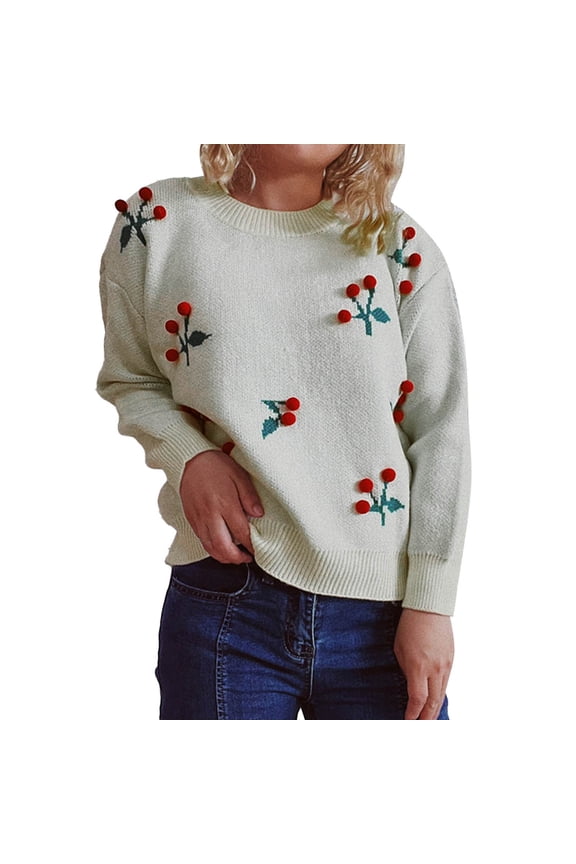 Womens Sweaters Crew Neck Long Sleeve Bubble Cherry Jacquard Knit Pullover Sweater Tunic Tops