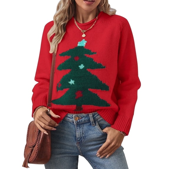 Womens Sweaters Crew Neck Pullover Festive Christmas Tree Sweaters for Womens Cozy Cream Knit with Colorful Christmas Tree Design