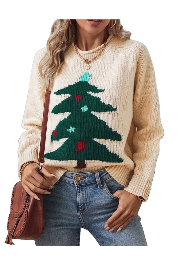 Womens Crew Neck Pullover Christmas Sweater, Cozy Cream Knit with Colorful Festive Tree Design