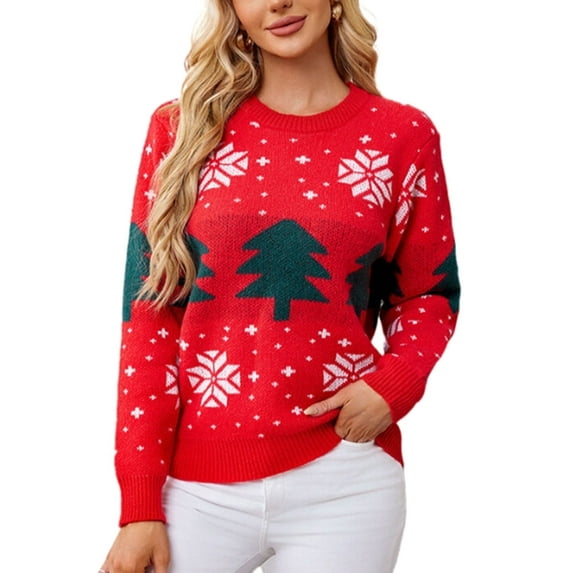Womens Sweaters Crew Neck Pullover Festive Ugly Christmas Sweaters Tree for Womens Cozy Knit with Colorful Christmas Pattern Design