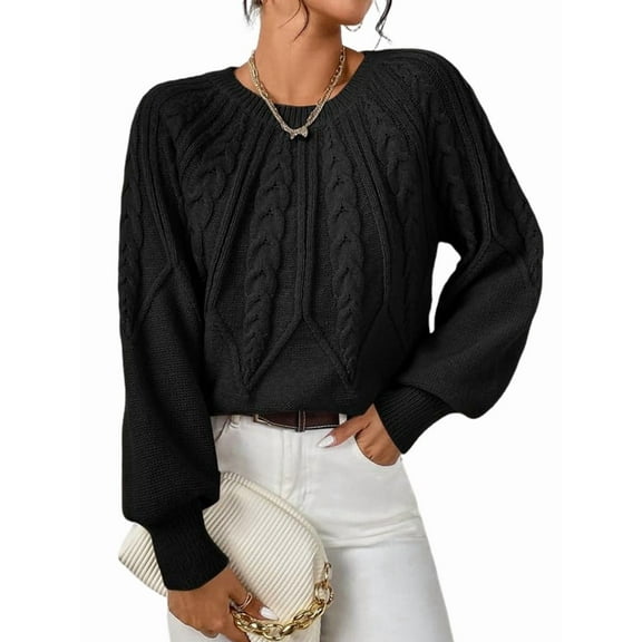 Womens Sweaters Crewneck Long Sleeve Cable Knit Chunky Sweater Tops Fashion Fall Outifits Black L