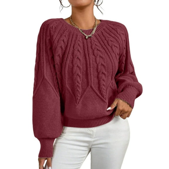 Womens Sweaters Crewneck Long Sleeve Cable Knit Chunky Sweater Tops Fashion Fall Outifits Dark Red M