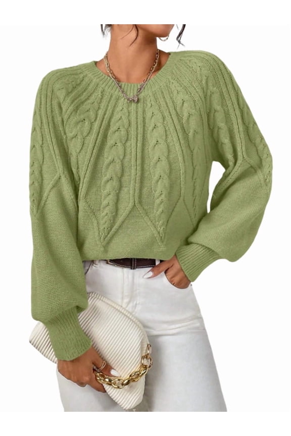 Womens Sweaters Crewneck Long Sleeve Cable Knit Chunky Sweater Tops Fashion Fall Outifits Light Green M