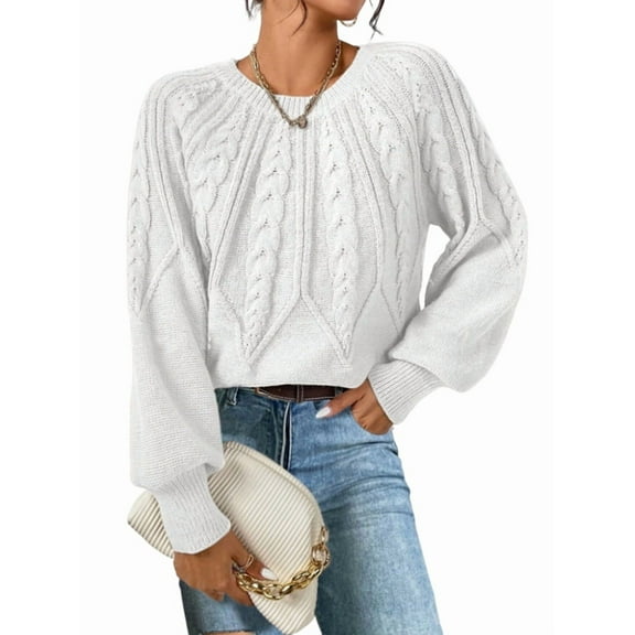 Womens Sweaters Crewneck Long Sleeve Cable Knit Chunky Sweater Tops Fashion Fall Outifits White M