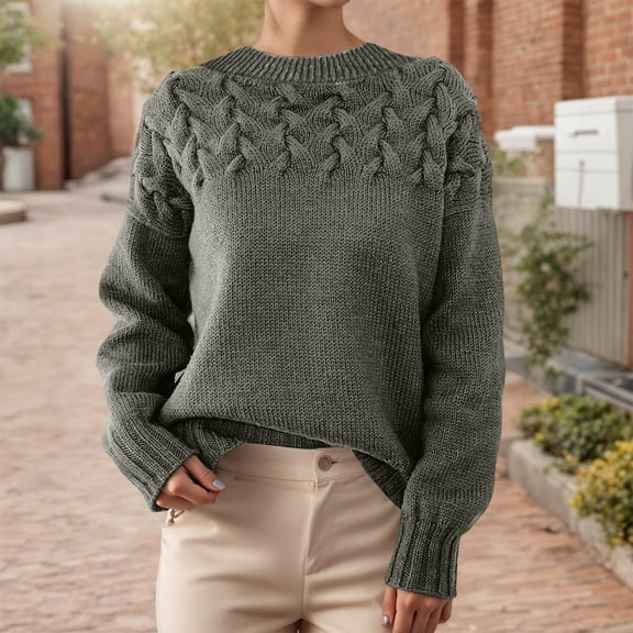 Womens Sweaters Crewneck Long Sleeve Sweater Chunky Cable Knit Sweaters (Dark Gray S)