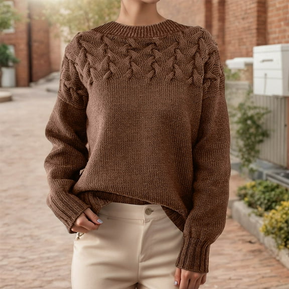 Womens Sweaters Crewneck Long Sleeve Sweater Chunky Cable Knit Sweaters (Khaki S)