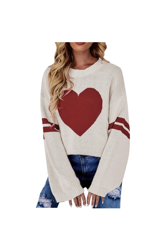 Womens Sweaters Crewneck Long Sleeve Sweater Knit Love Heart Print Pullover Sweater Tops 2022 Fall Winter Casual Sweater for Women