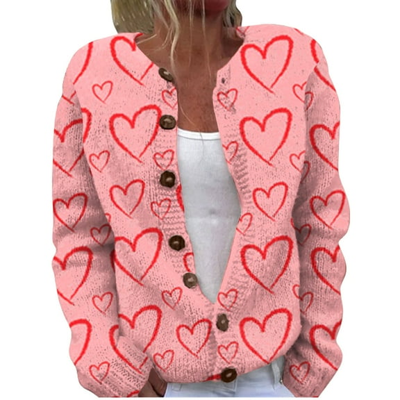 Womens Sweaters Cute Pattern Printed Button Open Woolen Cardigan Love Heart Knitted Sweater Top Trendy Casual Outwear Coat 2Xl Size Sweaters For Women