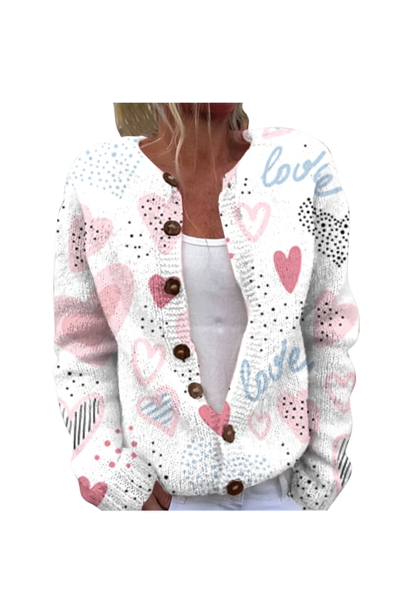 Womens Sweaters Cute Pattern Printed Button Open Woolen Cardigan Love Heart Knitted Sweater Top Trendy Casual Outwear Coat M Size Sweaters For Women