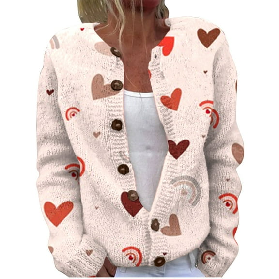 Womens Sweaters Cute Pattern Printed Button Open Woolen Cardigan Love Heart Knitted Sweater Top Trendy Casual Outwear Coat Xl Size Sweaters For Women