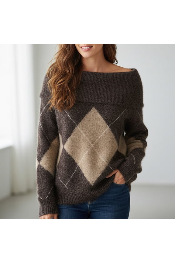 Womens Sweaters Diamond Grid Off Shoulder Long Sleeve Slim Ribbed Knit Pullover Stretchy Stylish Everyday Top Coffee L