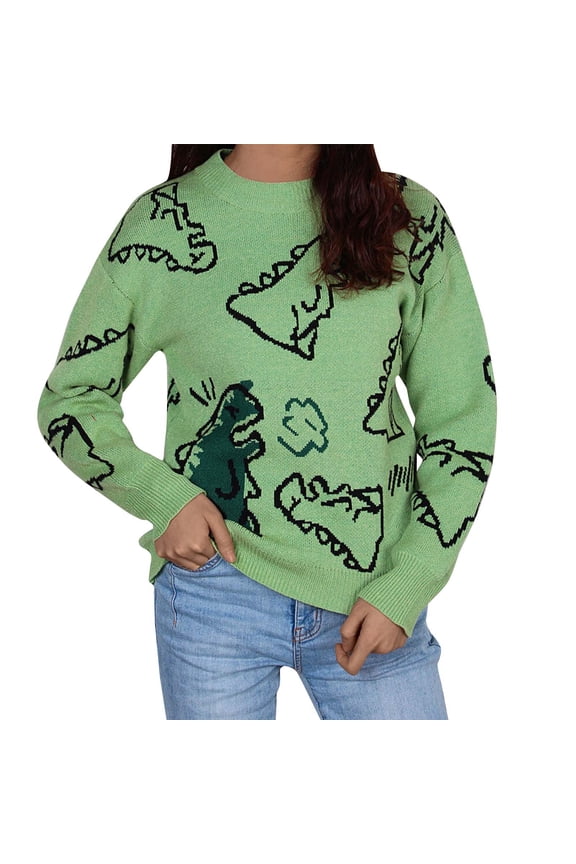 Womens Sweaters Dinosaur Print Knit Oversized Pullover Preppy E Girl Streetwear Sweater