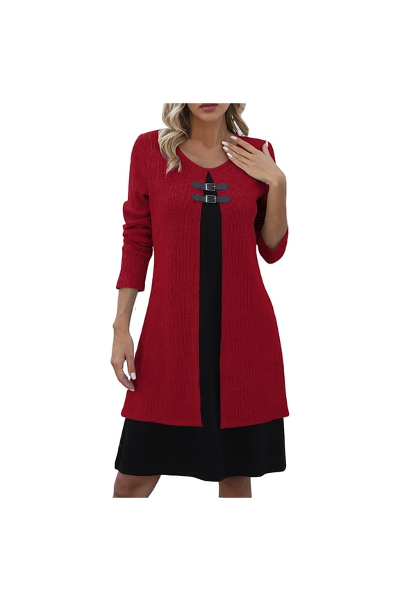 Womens Sweaters Dress Fake Two Piece Knit Mid Dressess with Buckle Fall Long Sleeve Tunic Pullover