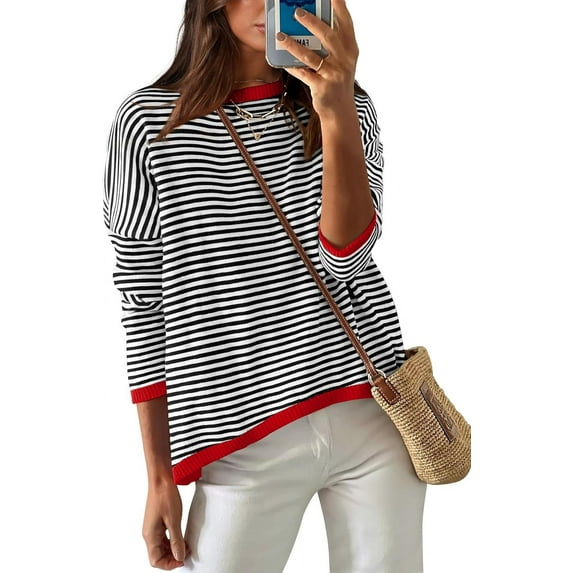 Womens Sweaters Dressy Casual Long Sleeve Tops Round Neck Striped Fashion