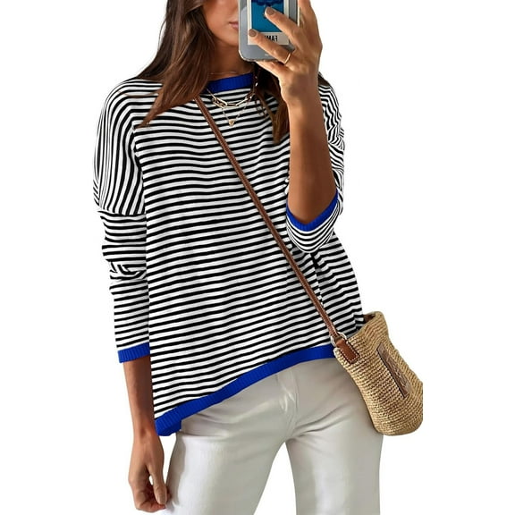 Womens Sweaters Dressy Casual Long Sleeve Tops Round Neck Striped Fashion