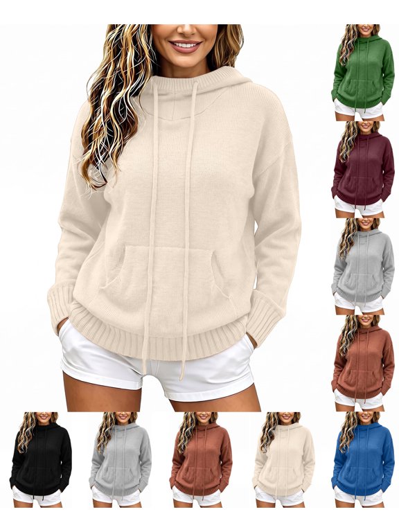 Womens Sweaters Drop Shoulder Hooded Drawstring Knit Sweater,Long Sleeve Pullover with Kangaroo Pocket,Loose Casual Top for Weekend Getaway