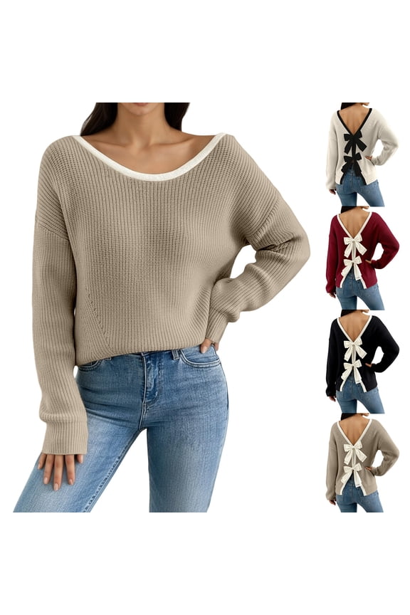Womens Sweaters Elegant Autumn Winter Knit Sweater Pullover with Bow Back Detail Soft Casual Turtleneck Top