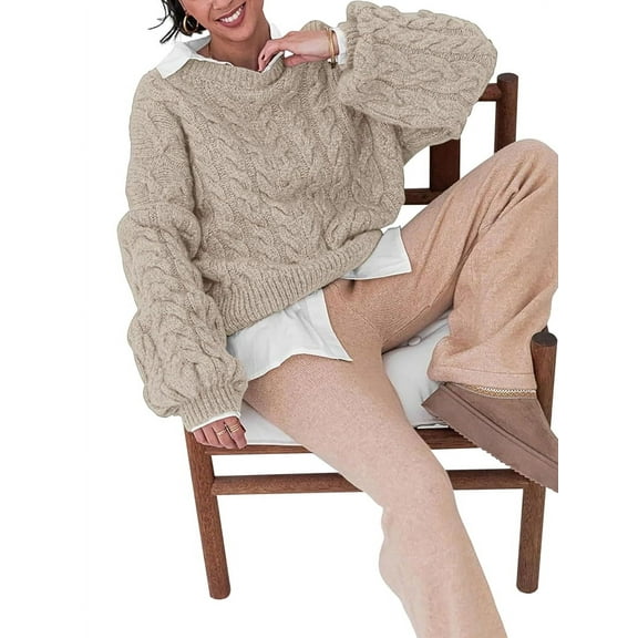 Womens Sweaters Fall Cable Knit Long Sleeve Crewneck Oversized Sweater Chunky Pullover Loose Outfits Light Card XL