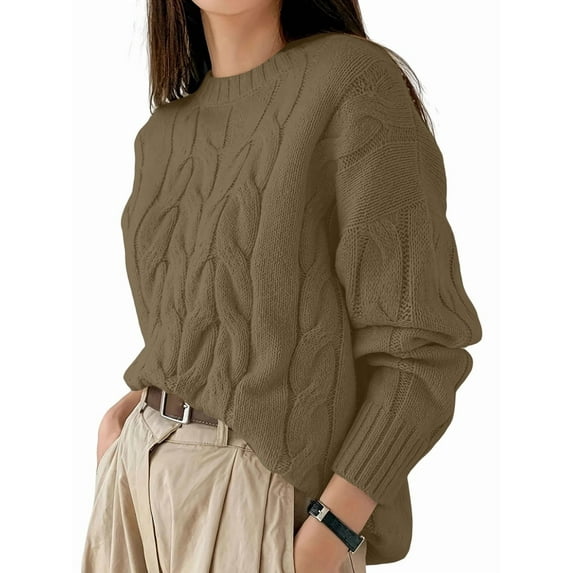 Womens Sweaters Fall Knit Long Sleeve Crewneck Oversized Sweater Pullover Loose Outfits Camel Color One size