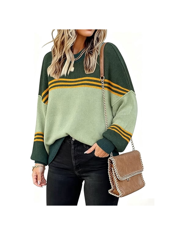 Womens Sweaters Fall Long Sleeve Knit Tops Striped Oversized Sweater Batwing Sleeve, Cute Lightweight Side Slit Crew Neck Knitted Pullover Spring Clothes Winter Outfits, Green L